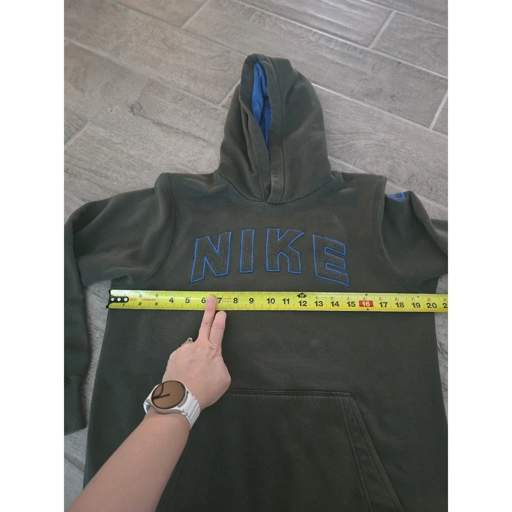 Nike Kids Olive Green Hoodie Pullover Sweatshirt Blue Logo Sportswear Size Large